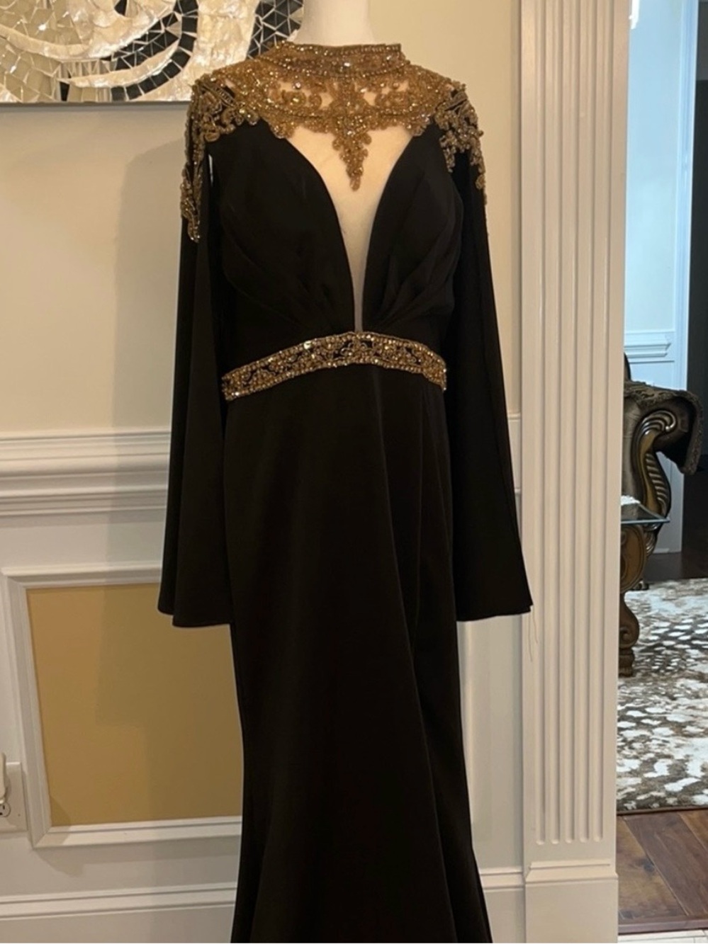 Terani Couture Black Gown with Gold Beaded Neckline and Waistband